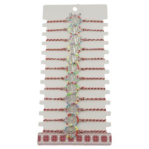 Bratara Martisor pentru Dama, Jolie, Model Copac, Set 12 bucati, Pandativ Argintiu din Inox cu Elemente Multicolore, Snur Alb/Rosu