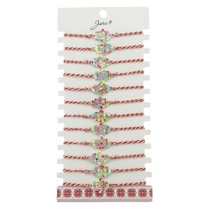 Bratara Martisor pentru Dama, Jolie, Model Floare, Set 12 bucati, Pandativ Argintiu din Inox cu Elemente Multicolore, Snur Alb/Rosu
