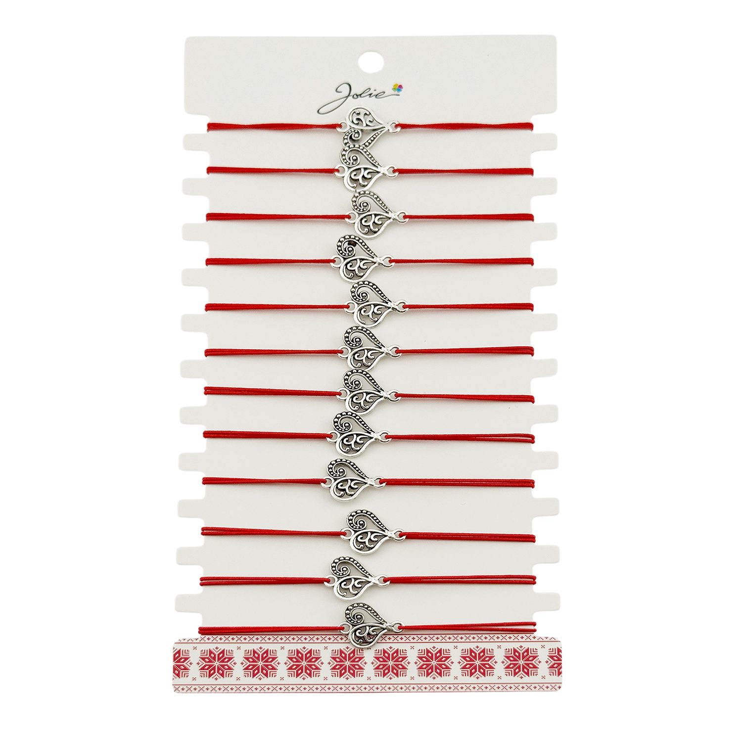 Martisor Bratara Elastica cu Pandantiv din Inox, Jolie, pentru Dama, Set 12 bucati, Snur Rosu Textil, Model Inima Eleganta