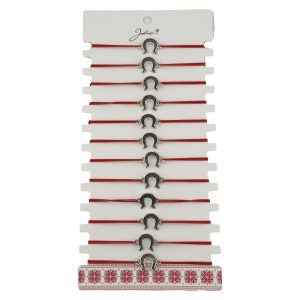 Bratara Martisor pentru Dama, Jolie, Model Potcoava, Set 12 bucati, Pandativ Argintiu din Inox cu Snur Rosu Ajustabil
