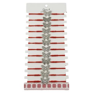 Bratara Martisor pentru Dama, Jolie, Model Fluture, Set 12 bucati, Pandativ Argintiu din Inox cu Snur Rosu Ajustabil