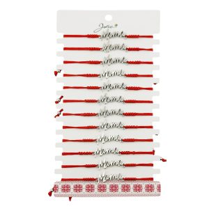 Martisor Bratara Impletita cu Pandantiv din Inox, Jolie, pentru Dama, Set 12 bucati, Snur Rosu Textil, Dimensiune Reglabila, Model Mama