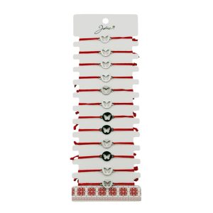 Bratara Martisor pentru Dama, Jolie, Model Fluture in Cerc, Set 12 bucati, Pandativ Argintiu din Inox cu Snur Rosu Ajustabil