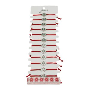 Bratara Martisor pentru Dama, Jolie, Model Floare in Cerc, Set 12 bucati, Pandativ Argintiu din Inox cu Snur Rosu Ajustabil