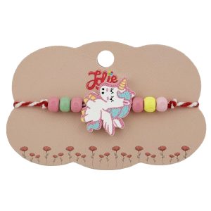 Bratara Martisor pentru Copii, Jolie, Pandativ Unicorn, cu Margele Multicolore, Snur Alb/Rosu, Alb/Roz