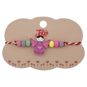 Bratara Martisor pentru Copii, Jolie, Pandativ Ingeras, cu Margele Multicolore, Snur Alb/Rosu, Mov/Multicolor