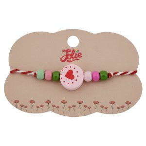 Bratara Martisor pentru Copii, Jolie, Pandativ Rotund Inima, cu Margele Multicolore, Snur Alb/Rosu, Roz deschis