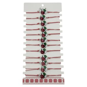 Bratara Martisor pentru Dama, Jolie, Model Buburuza cu Trifoi, Set 12 bucati, Pandativ Alb cu Print Traditional, Snur Ajustabil Impletit, Alb/Rosu