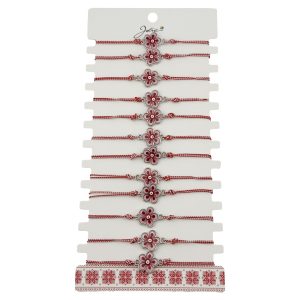 Bratara Martisor pentru Dama, Jolie, Model Floare, Set 12 bucati, Pandativ din Aliaj cu Print Traditional, Snur Ajustabil Impletit, Alb/Rosu