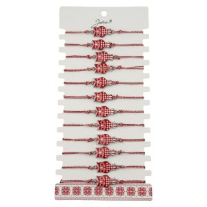 Bratara Martisor pentru Dama, Jolie, Model Bufnita, Set 12 bucati, Pandativ din Aliaj cu Print Traditional, Snur Ajustabil Impletit, Alb/Rosu