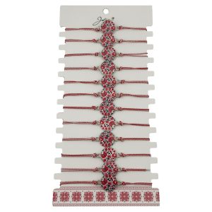 Bratara Martisor pentru Dama, Jolie, Model Rotund cu Flori, Set 12 bucati, Pandativ din Aliaj, cu Print Traditional, Snur Ajustabil Impletit, Alb/Rosu