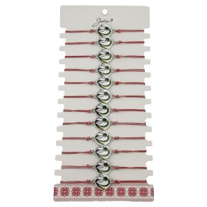 Bratara Martisor pentru Dama, Jolie, Model Rotund cu Ghiocel, Set 12 bucati, Pandativ din Aliaj cu Print Traditional, Snur Ajustabil Impletit, Alb/Rosu