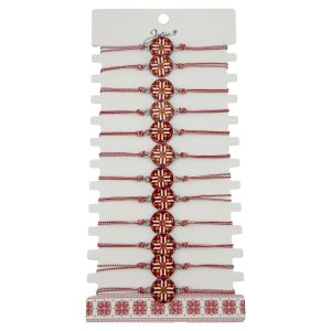 Bratara Martisor pentru Dama, Jolie, Model Rotund Port Traditional, Set 12 bucati, Pandativ din Aliaj cu Print Traditional, Snur Ajustabil Impletit, Alb/Rosu