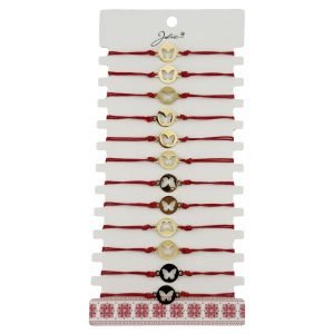 Bratara Martisor pentru Dama, Jolie, Model Fluture in Moneda, Set 12 bucati, Pandativ Auriu din Inox cu Snur Rosu Ajustabil