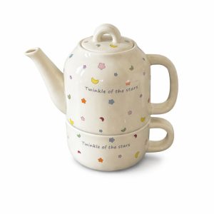 Set de Ceai, Flippy, Ceainic cu Ceasca pentru Uz Casnic, Stele cu Luna, Set de Ceai pentru Copii, Adulti, 18 x 17 x 13 cm, Alb Crem