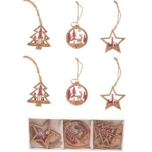 Set 6 Decoratiuni de Craciun din Lemn, Flippy, cu Snur pentru Agatare in Brad, Model Brad, Glob si Steluta, Rosu