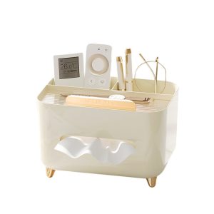 Suport pentru Servetele, Flippy, Cutie Multifunctionala, Design Minimalist, ABS, cu Suport pentru Obiectele Personale, pentru Birou, 21x15x13 cm, Crem